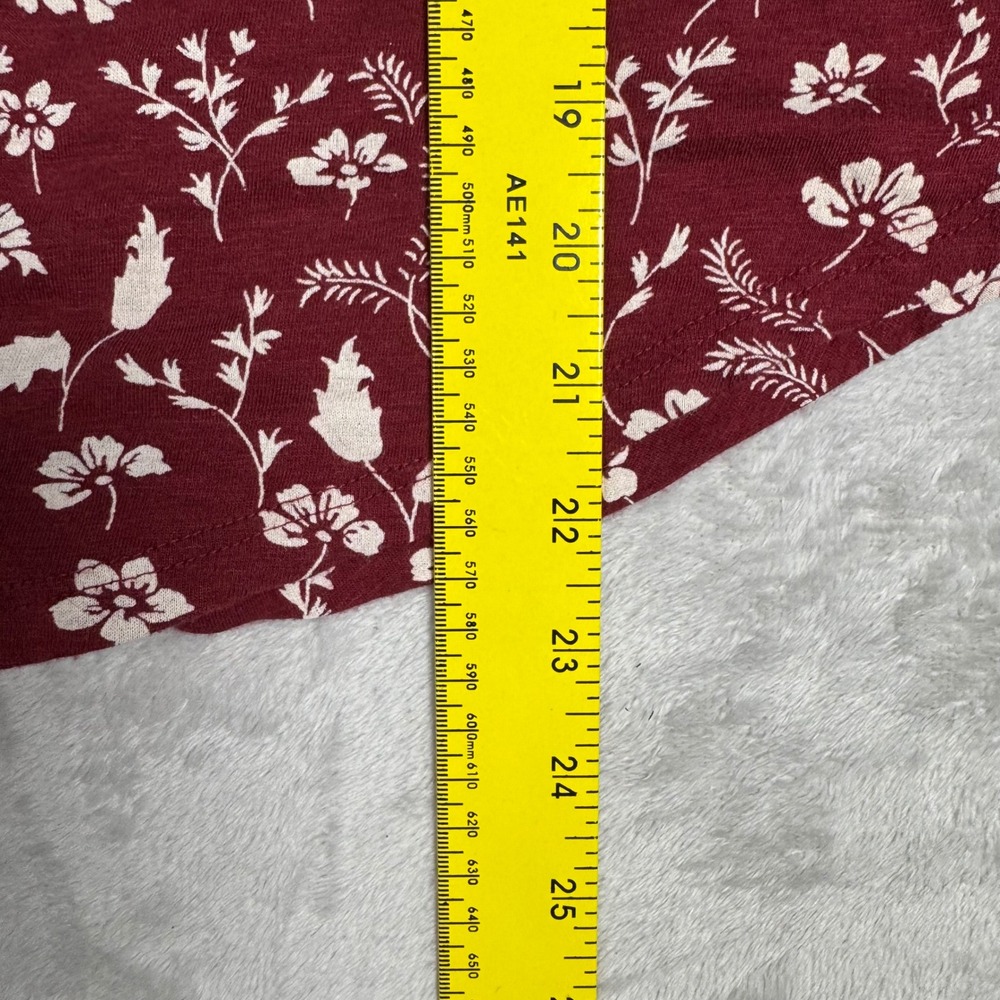 Lucky Brand Womens XS Floral Henley Top Burgundy Short‎ Puff Sleeve Cotton Modal - Picture 11 of 11